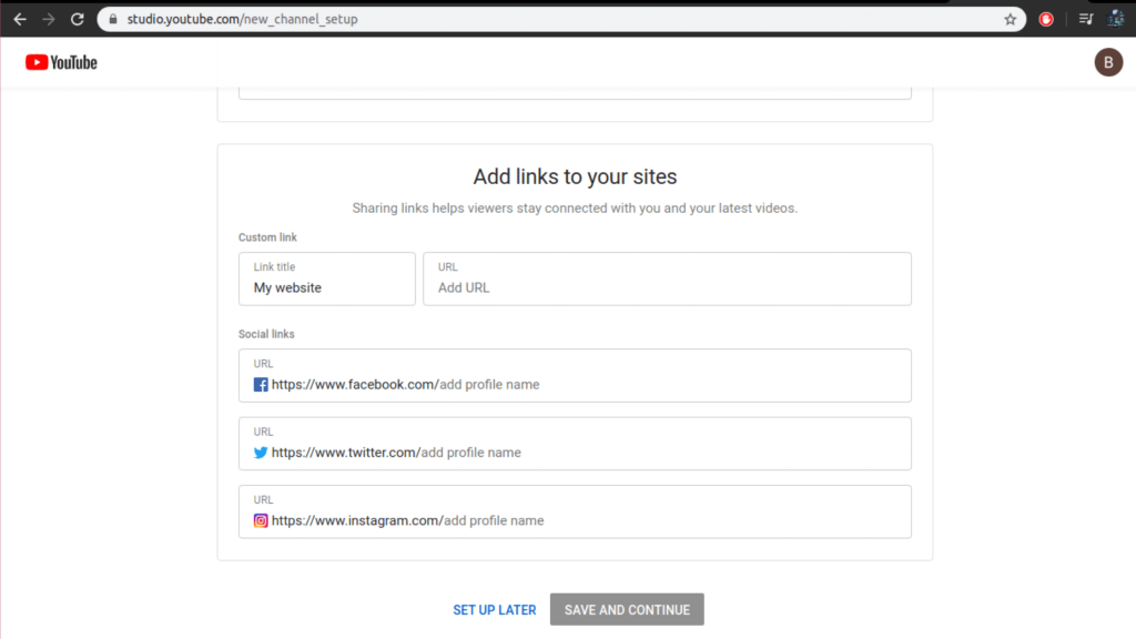 Add social media links (create youtube channel step-7)