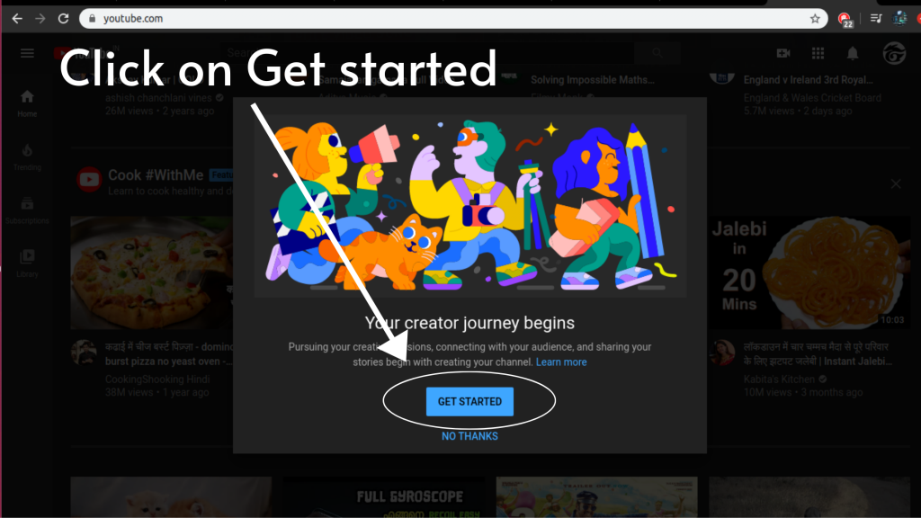 click on get started (create YouTube channel step-3)