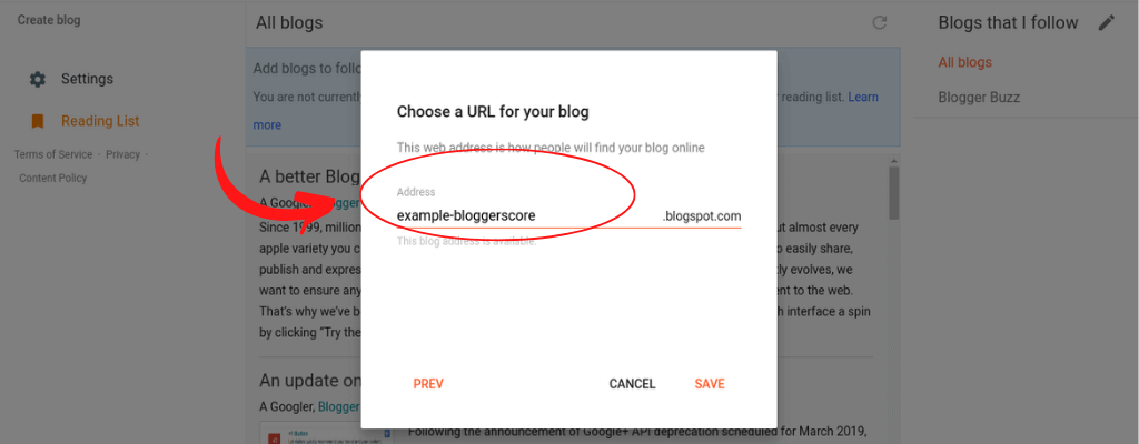 Choose URL for your blog. (start a free blog steps)