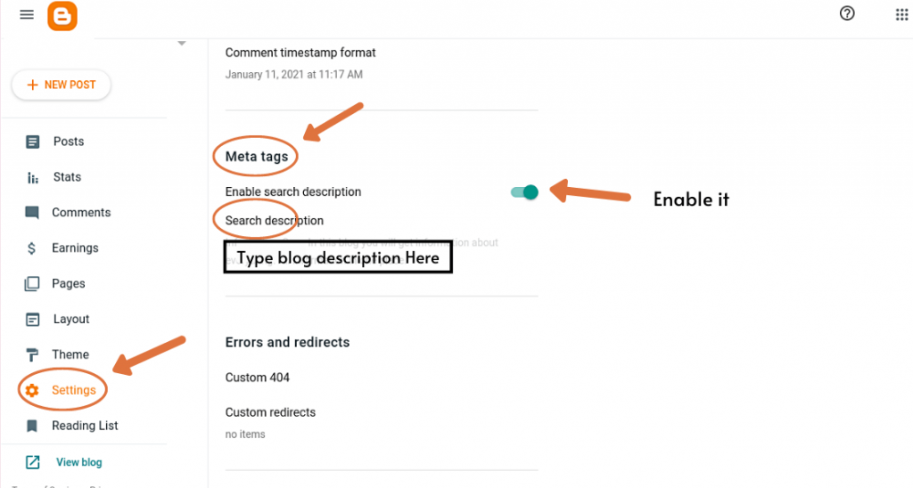 How to write blog description in blogger