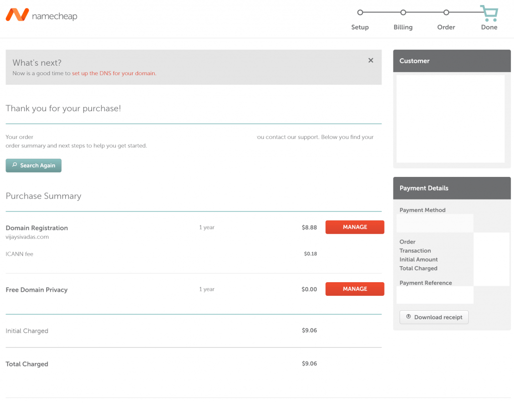 Successfully purchased first domain