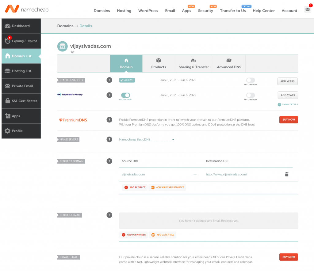Namecheap dashboard