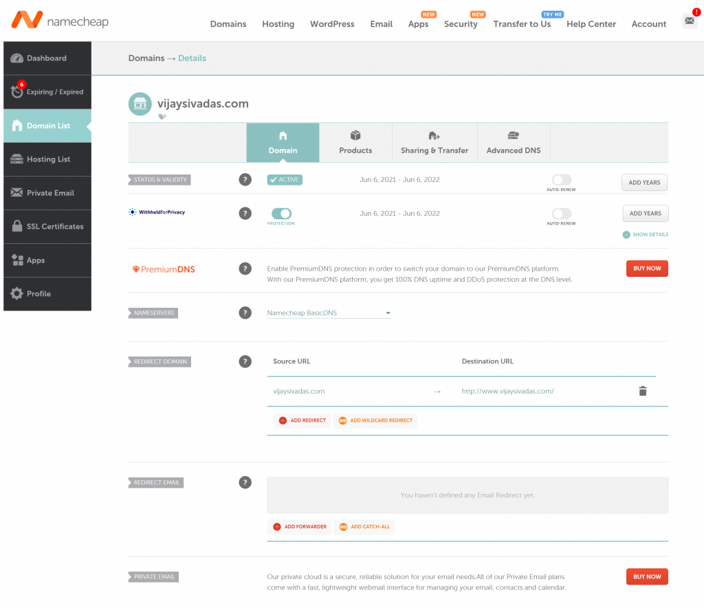 Namecheap dashboard 