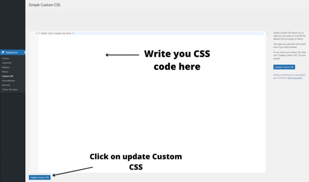write CSS code in simple custom CSS plugin